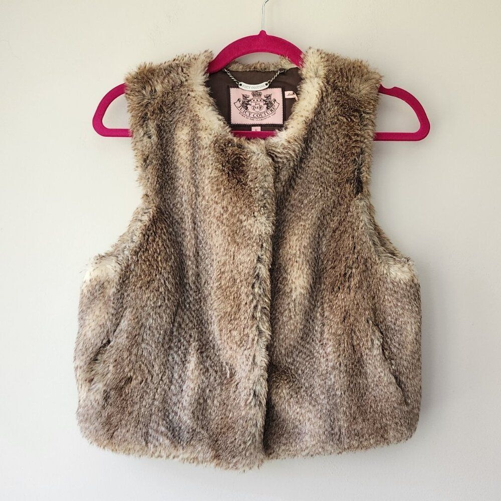Juicy Couture Faux Fur Vest | Small | Brown Round Neck Snap Buttons Lined EUC